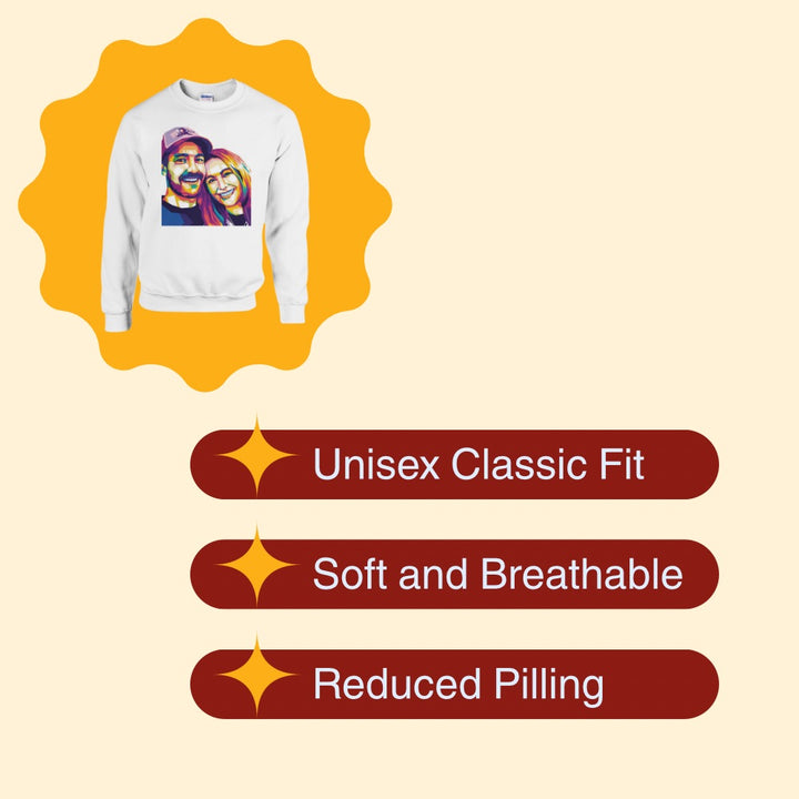 White sweatshirt with colorful design on a beige background with text about fit, comfort, and pilling.