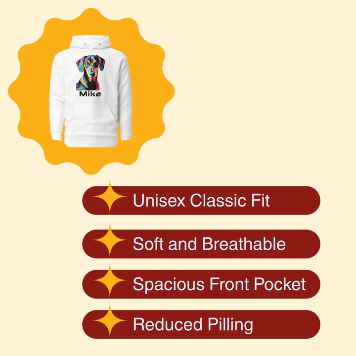 White hoodie with colorful graphic and text 'Mike' on a beige background with feature text.