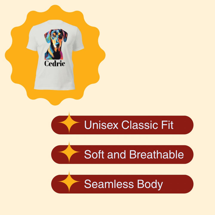 White t-shirt with colorful dog illustration and 'Cedric' text on a beige background with product features listed.