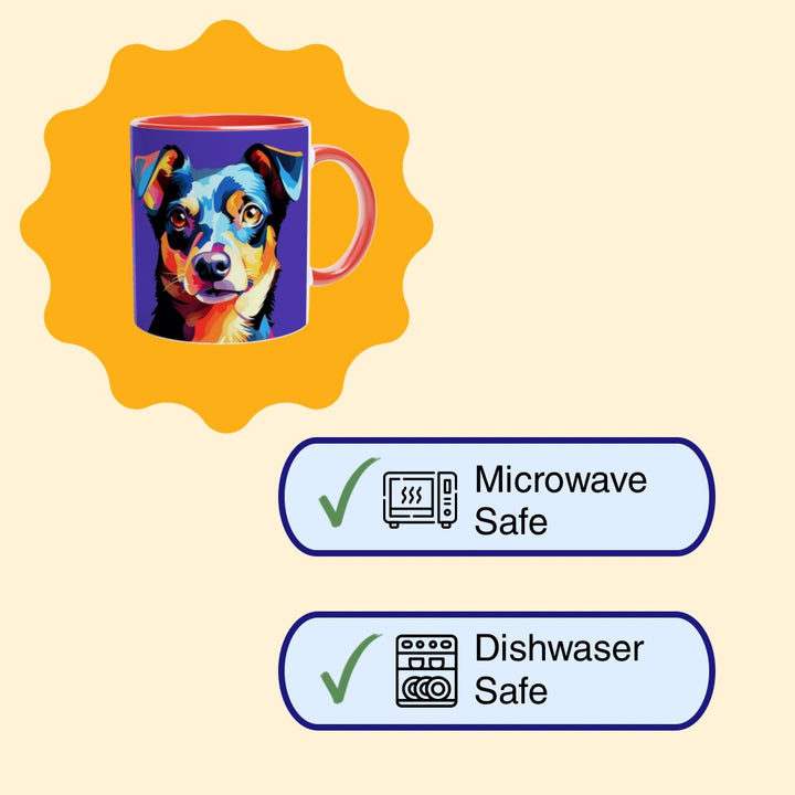 Mug with dog illustration and safety certification labels on a beige background