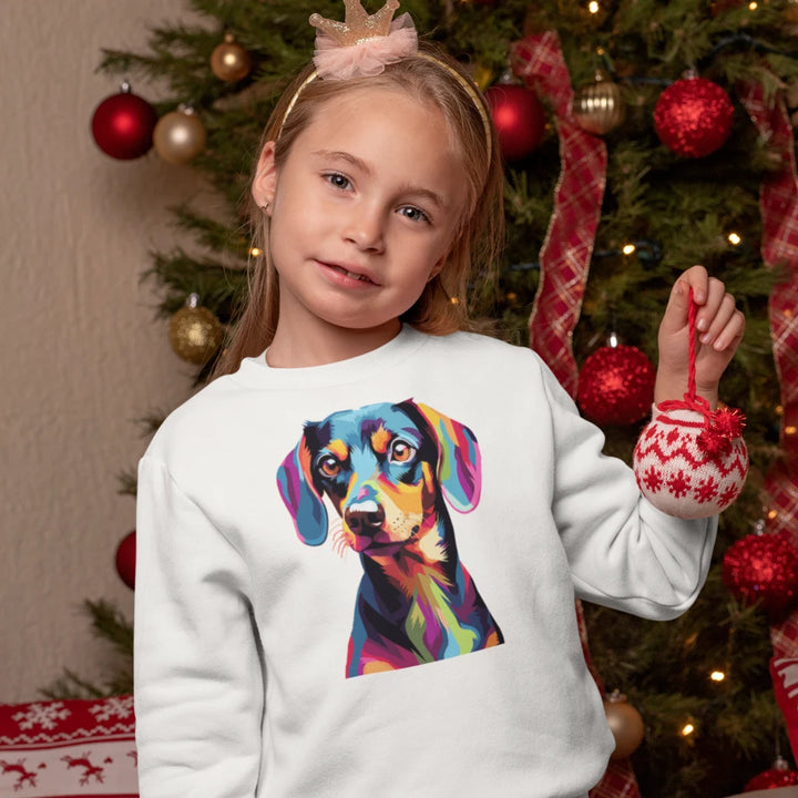 Child wearing a sweatshirt with a colorful dog design in front of a decorated Christmas tree.