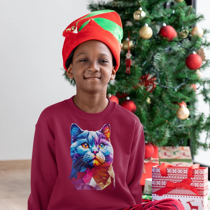 Child wearing a red sweatshirt with a colorful cat design, sitting in front of a Christmas tree with presents.
