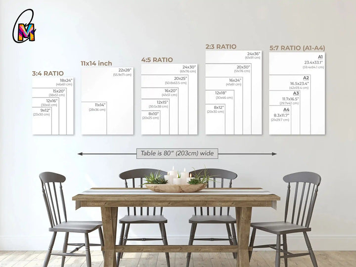 Dining room setup with table and chairs, featuring measurement charts on the wall.