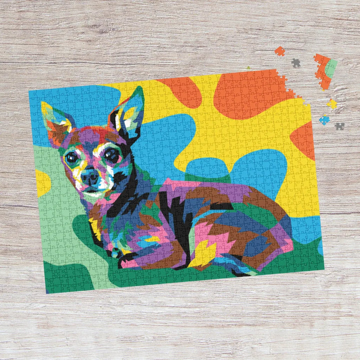 Colorful dog puzzle on a wooden surface