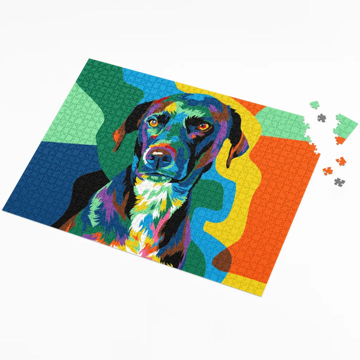 Colorful puzzle with a dog design on a white background