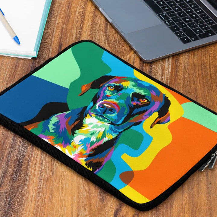 Colorful laptop sleeve with a dog design on a wooden desk.