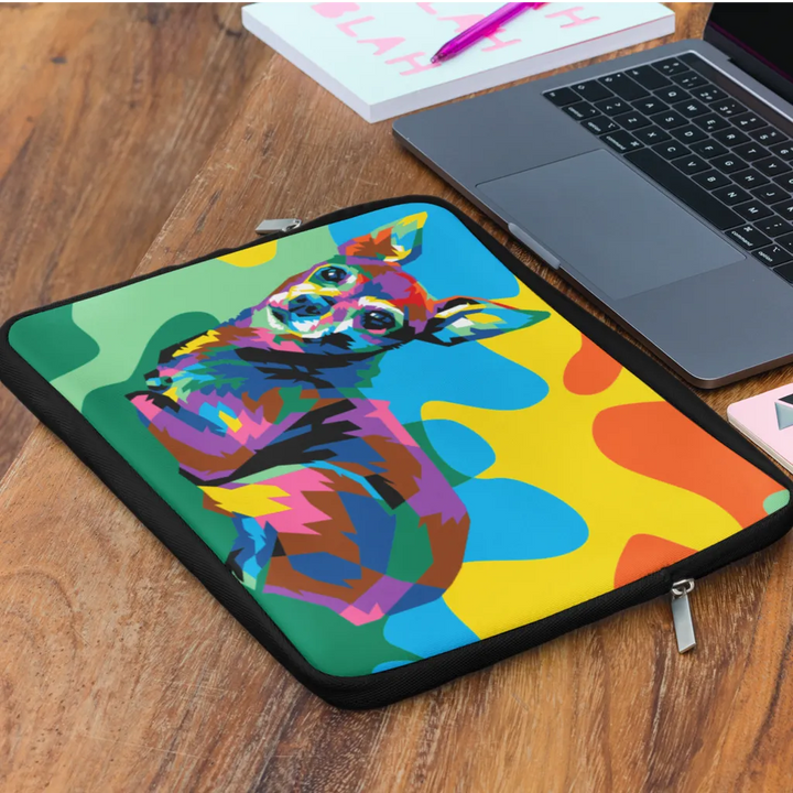 Colorful laptop sleeve with a dog design on a wooden surface next to a laptop.