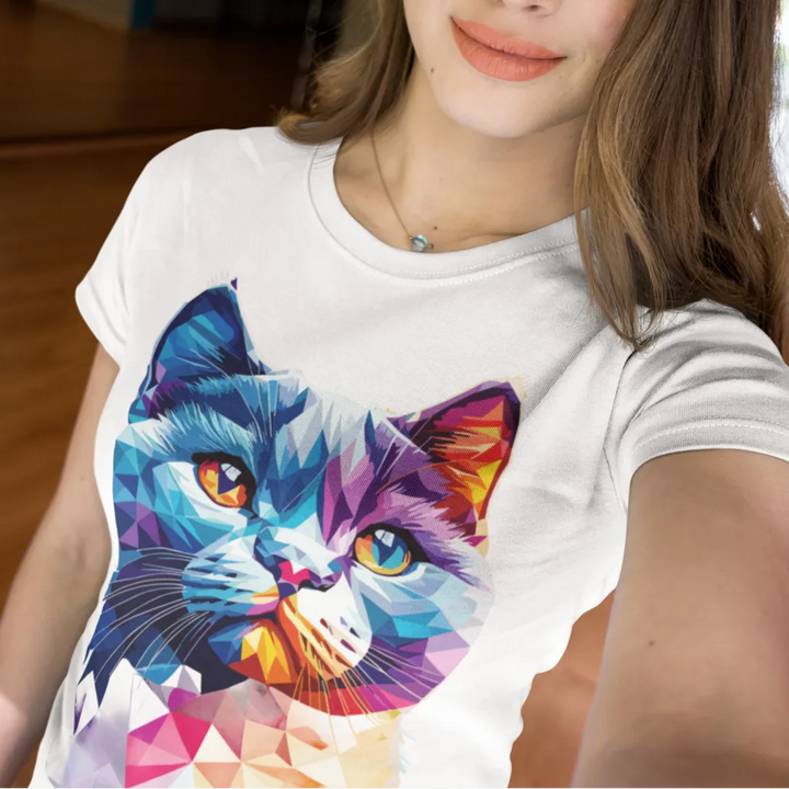 Person wearing a white t-shirt with a colorful cat graphic design.