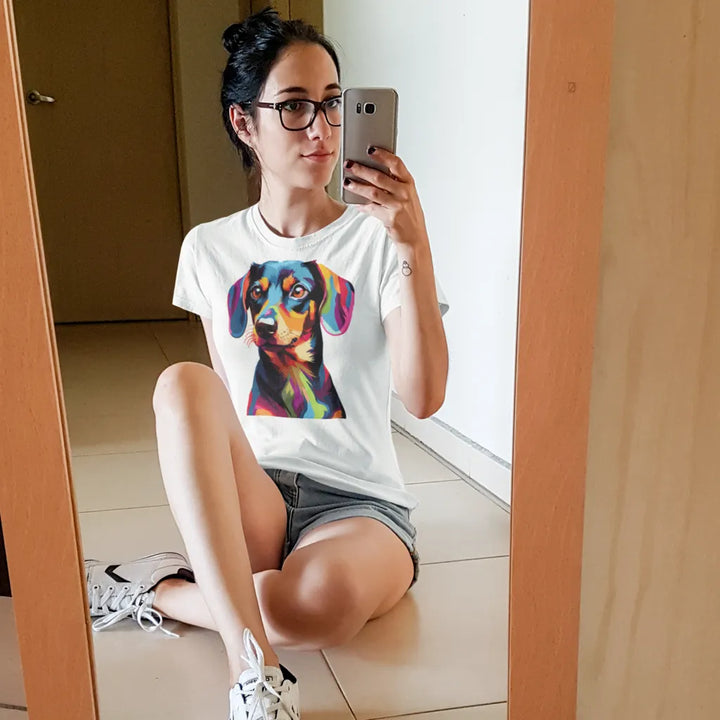 Woman taking a mirror selfie wearing a white t-shirt with a colorful dog graphic.