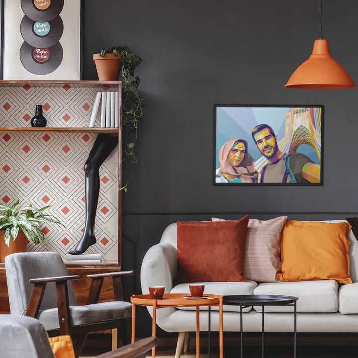 Living room with a colorful painting of a couple on the wall, white sofa with orange and pink cushions, and a shelf with decorative items.